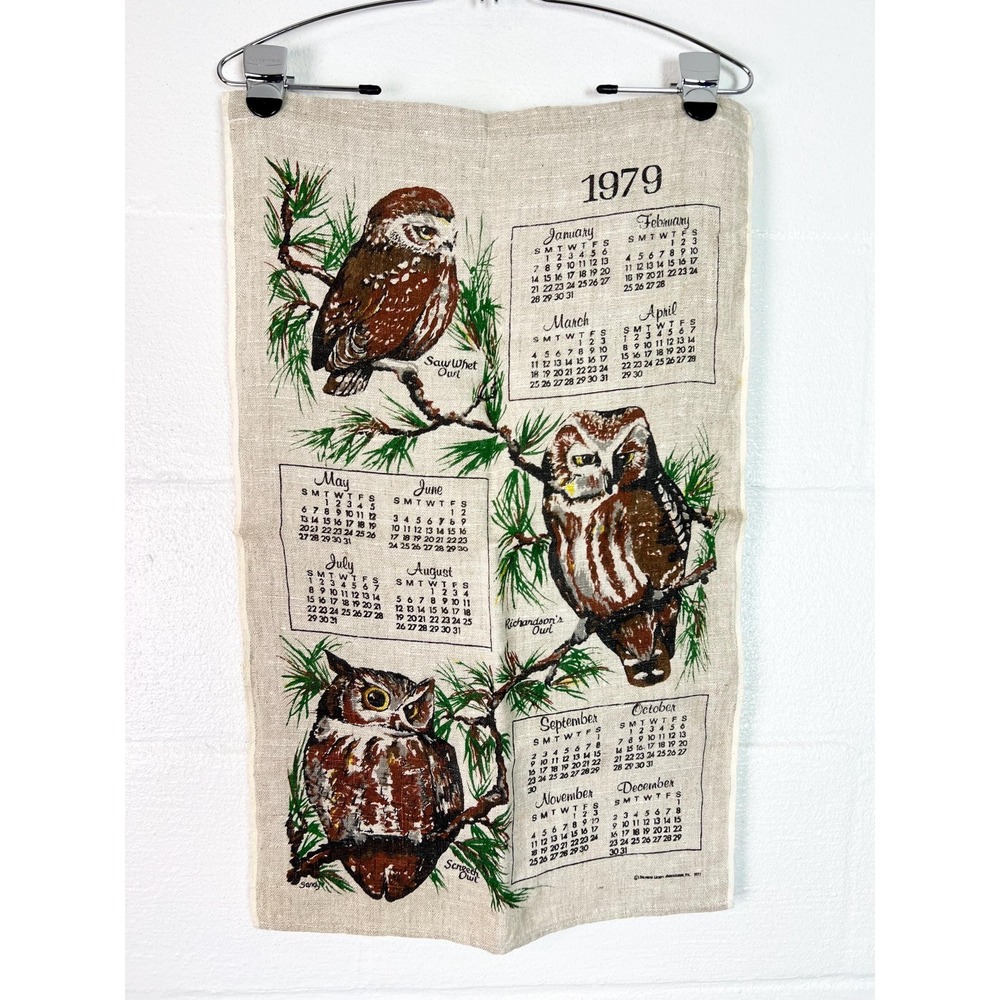 Vintage 1979 Linen Owl Tea Towel Calender owls retro natural fibers